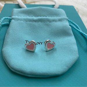 Tiffany & Co. Silver Heart Stud Earrings with Pink Centers